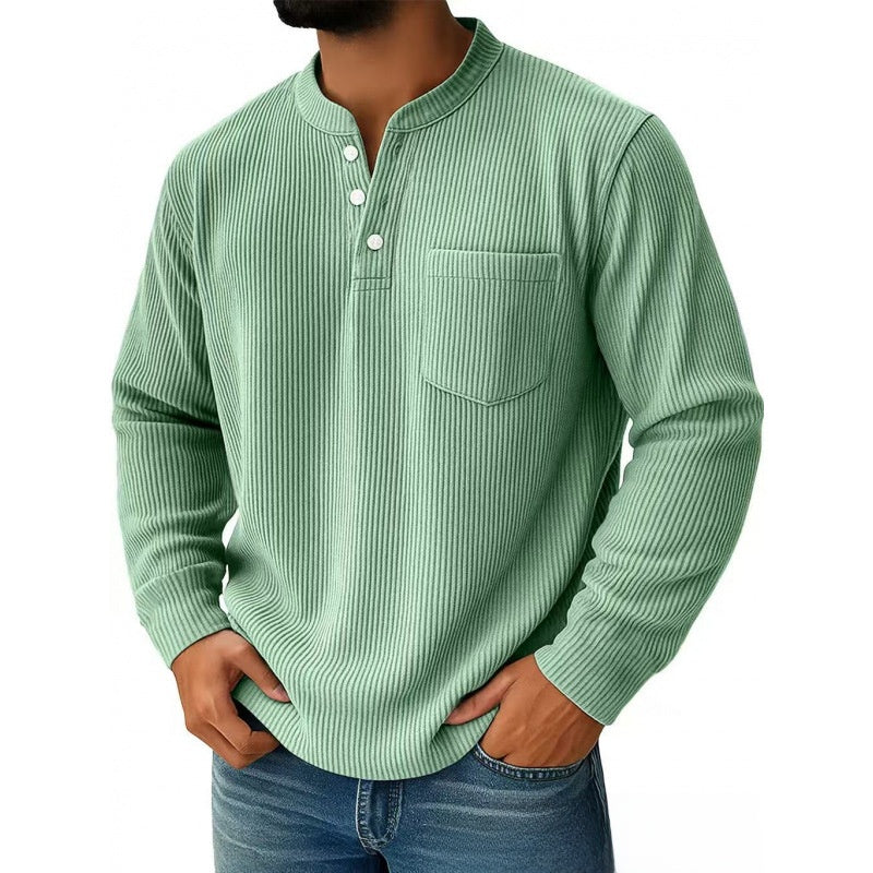 Mens Corduroy Henry Collar Long Sleeve Polo Shirt