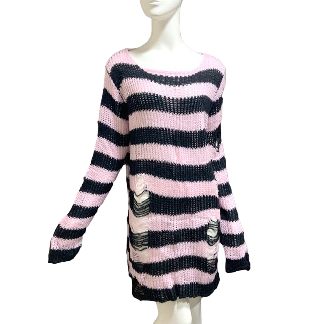 Striped Punk Distressed Long Knit Sweater ? Unisex Loose Fit Dark Style