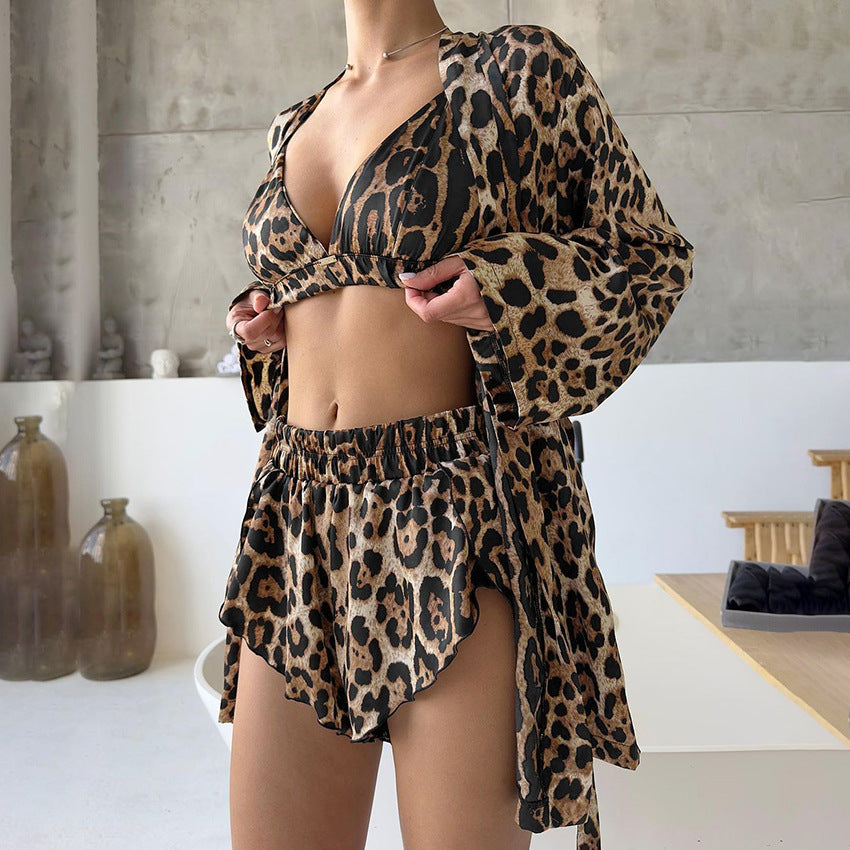 Women's leopard print loose long-sleeved short pants pajama set