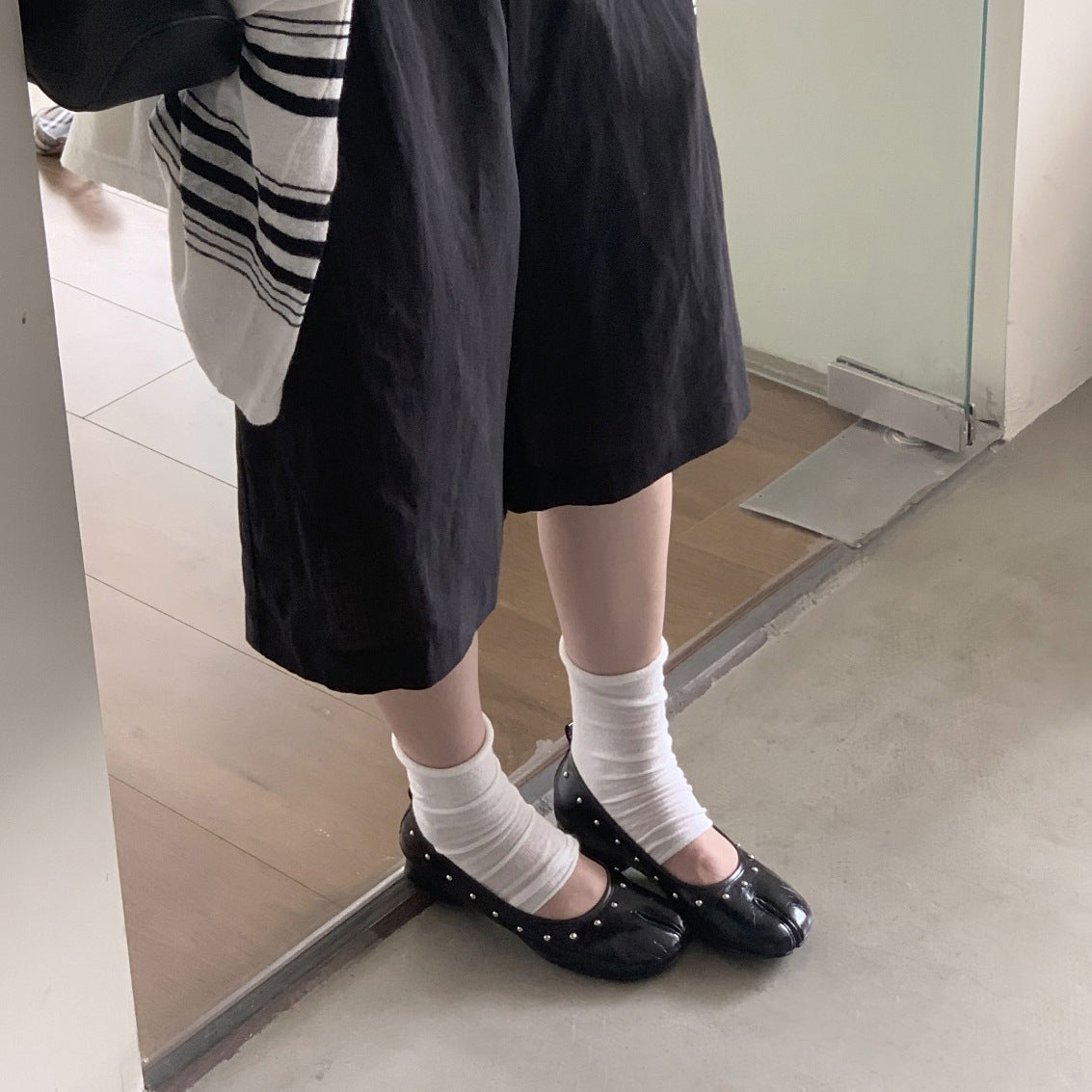 Retro Studded Split Toe Ballet Shoes for Women Chunky Heel