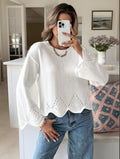 Womens Plus Size Sweater with Hollow Out Irregular Hem Round Neck Knit Top