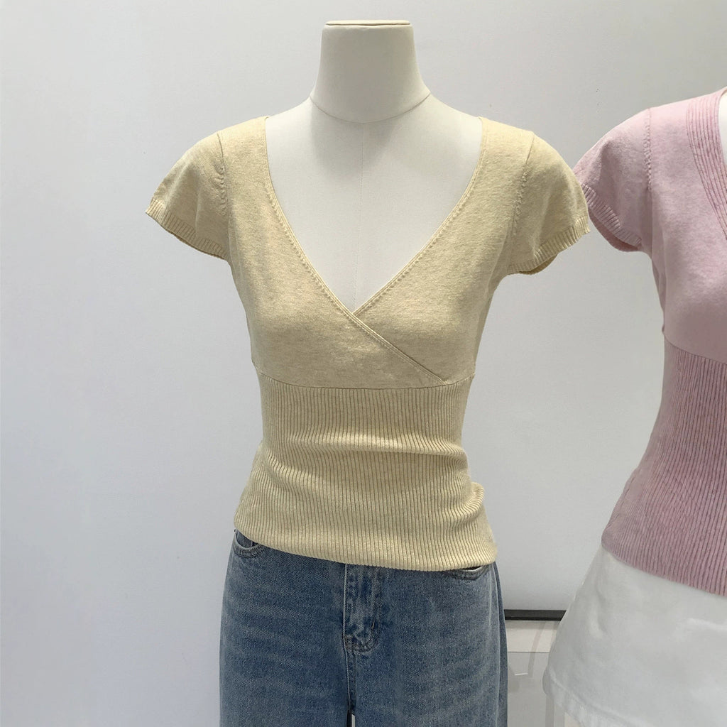 Womens Pure Cotton V-Neck Knitted T-Shirt