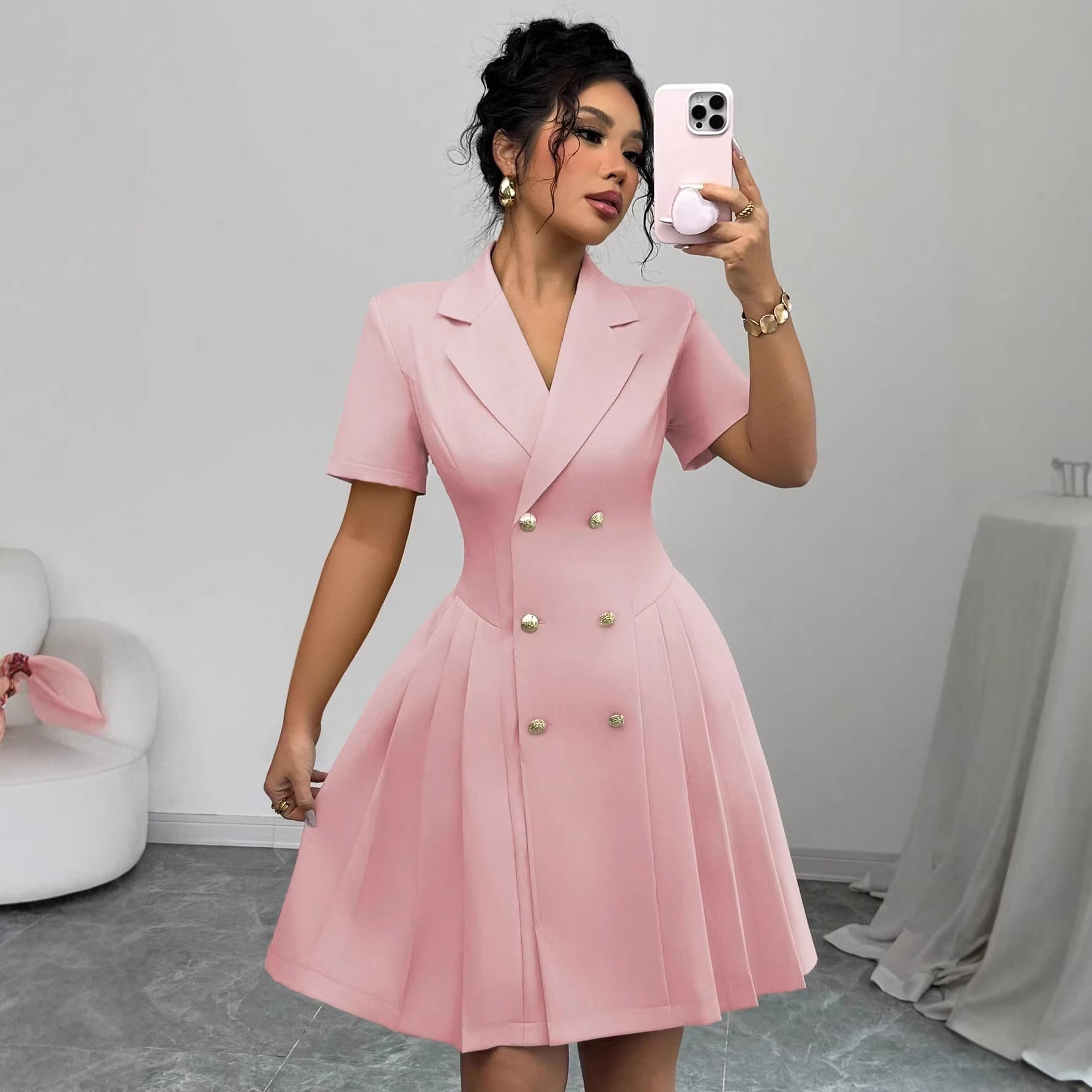 Women's New Solid Color Short Sleeve Waist-Cinching Double-Breasted Dress