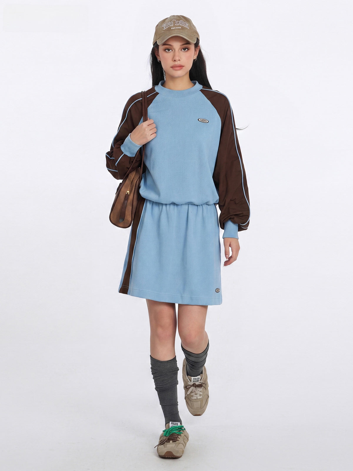 Women's Color-block Hooded Sweatshirt and Skirt Set
