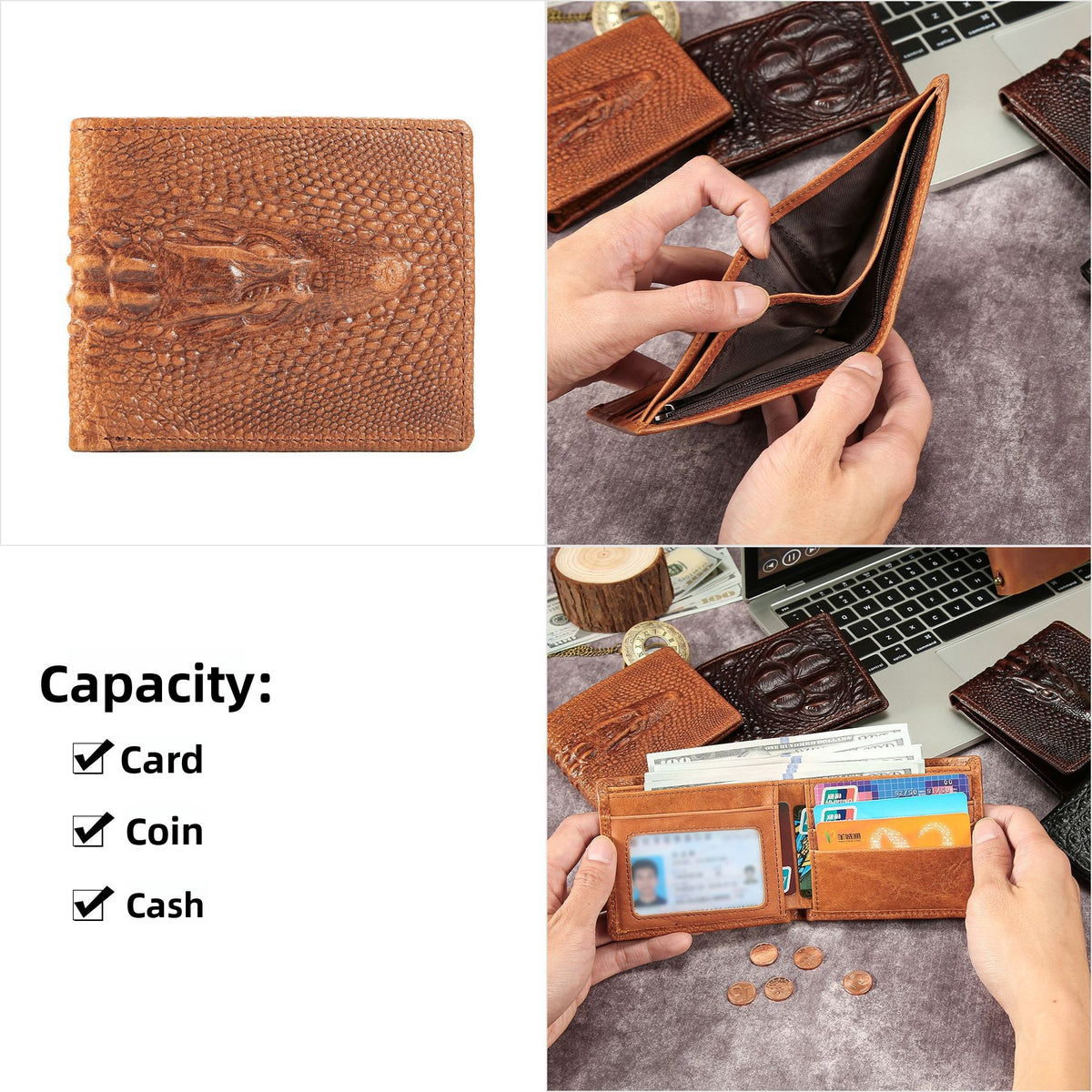 Mens Genuine Leather Short Wallet with Crocodile Pattern