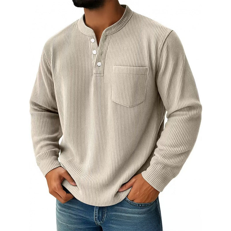 Mens Corduroy Henry Collar Long Sleeve Polo Shirt