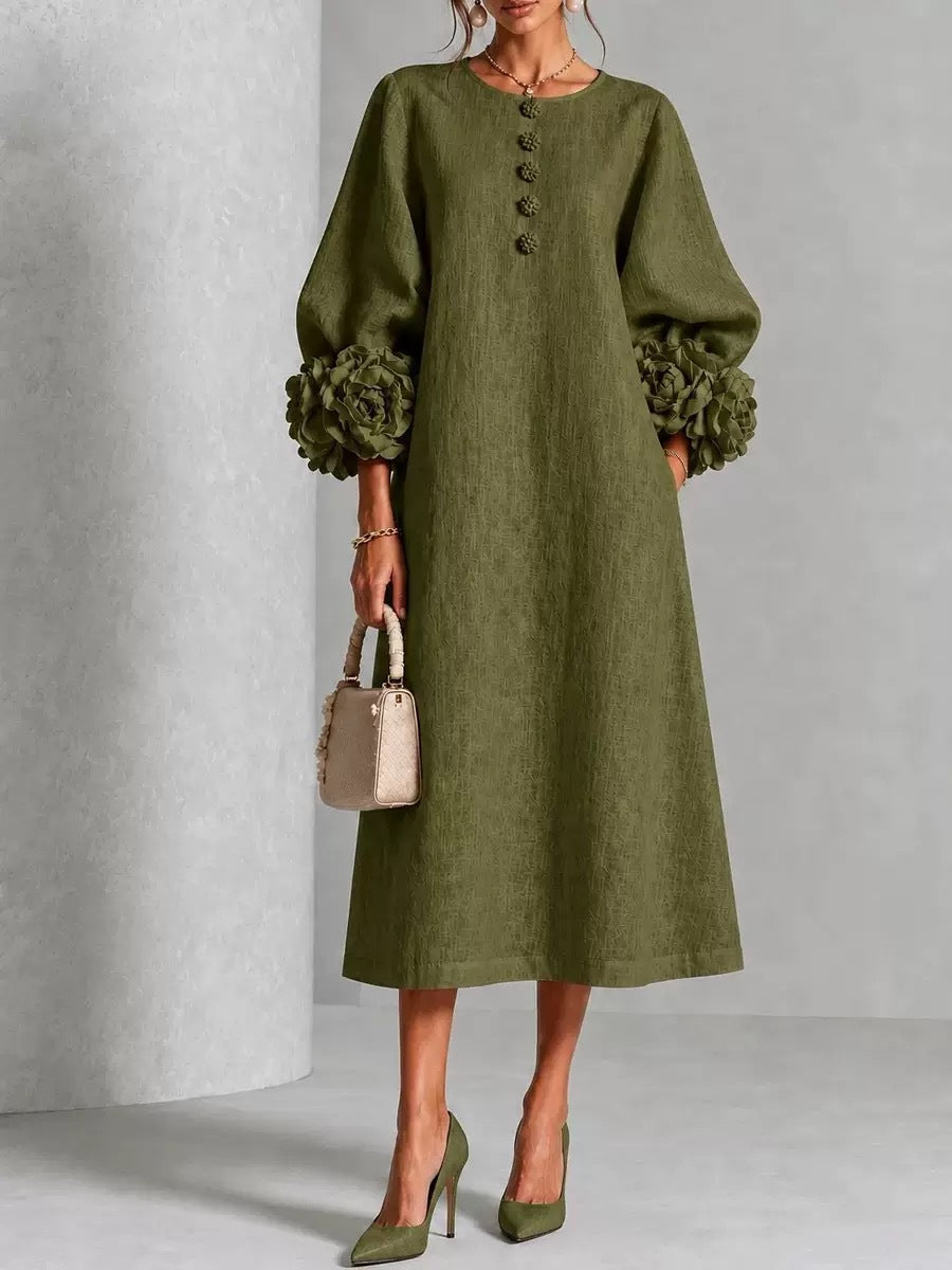 French-style three-dimensional flower lantern-style sleeve cotton and linen mid-length dress