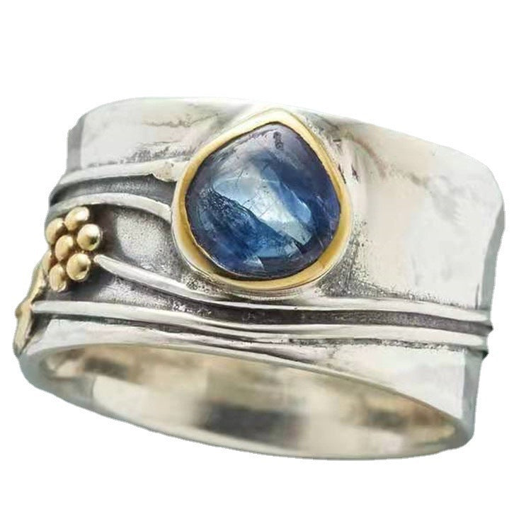 Ocean Blue Drop Leaf Flower Two-Tone Fashion Ring