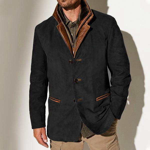 Men's Retro Color Block Stitching Casual Jacket Lapel Long Sleeve Outerwear