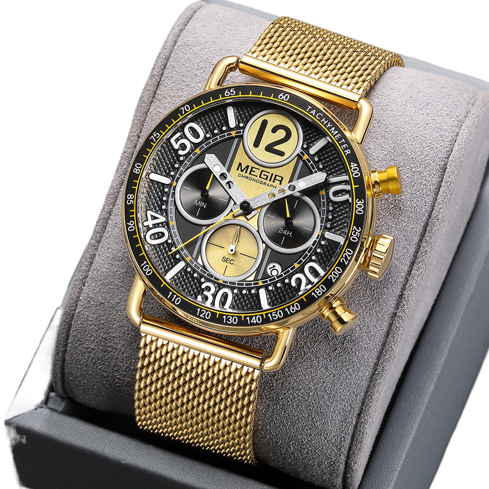 Three-Eye Chronograph Watch with Stainless Steel Mesh Strap