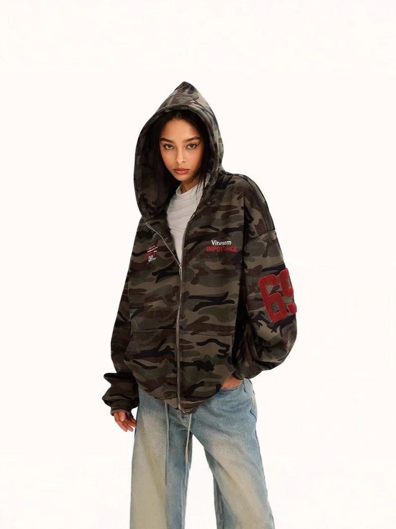 Camouflage Hooded Cardigan Unisex Streetwear