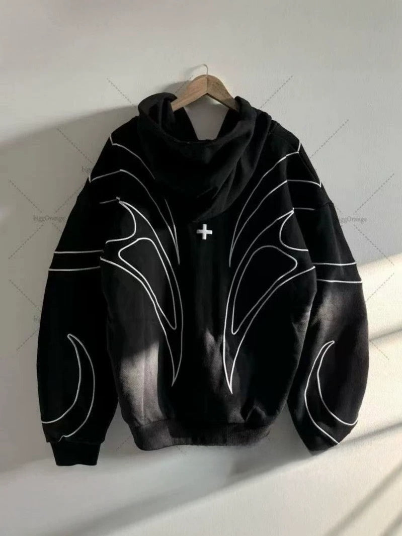 Retro Embroidered Cotton Blend Hooded Sweatshirt
