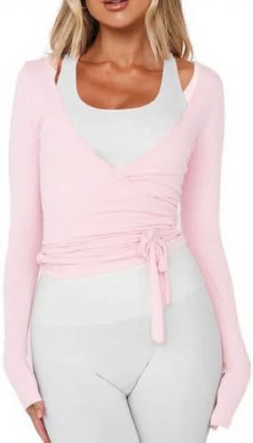 Women's Wrap Lace-Up Top Y2K Long Sleeve Ballet Workout Yoga Shirt