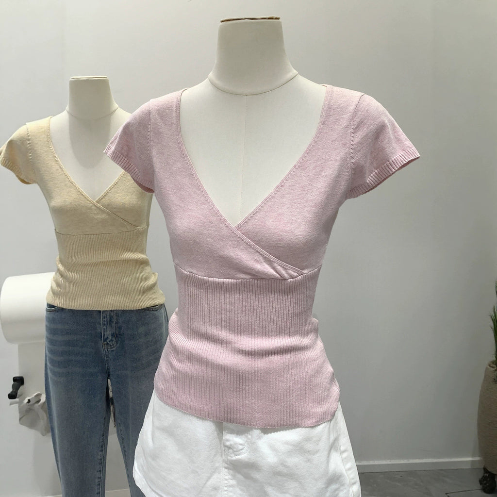 Womens Pure Cotton V-Neck Knitted T-Shirt