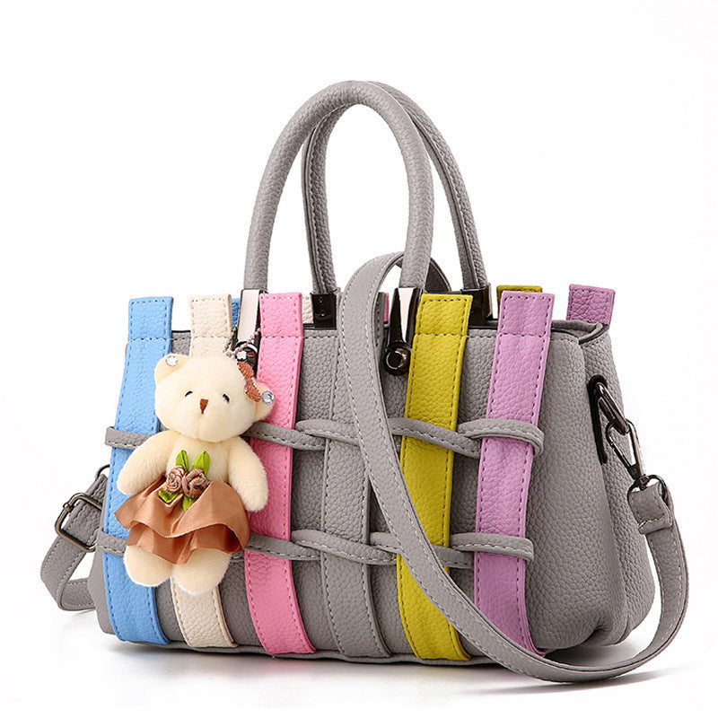 Woven Crossbody Bag with Bear Pendant
