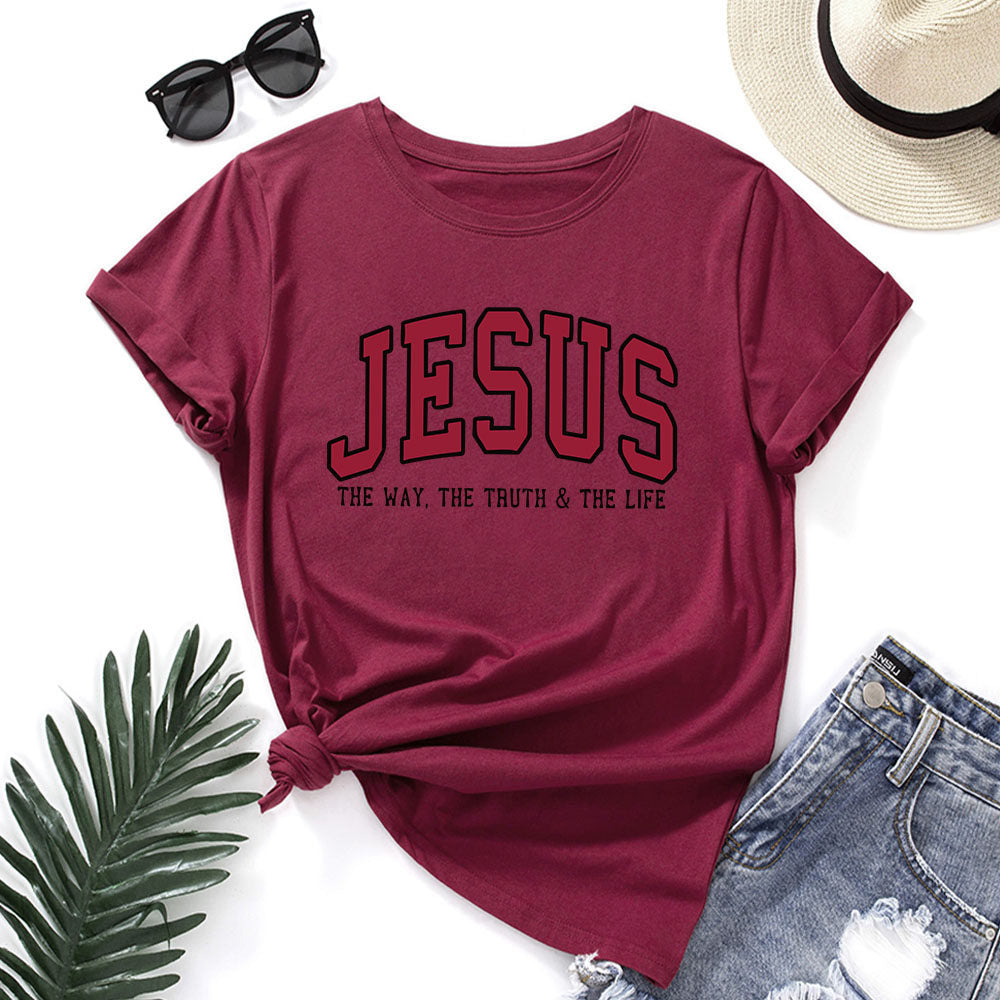 Jesus Letter Print Cotton Tshirt Loose Fit Short Sleeve Top