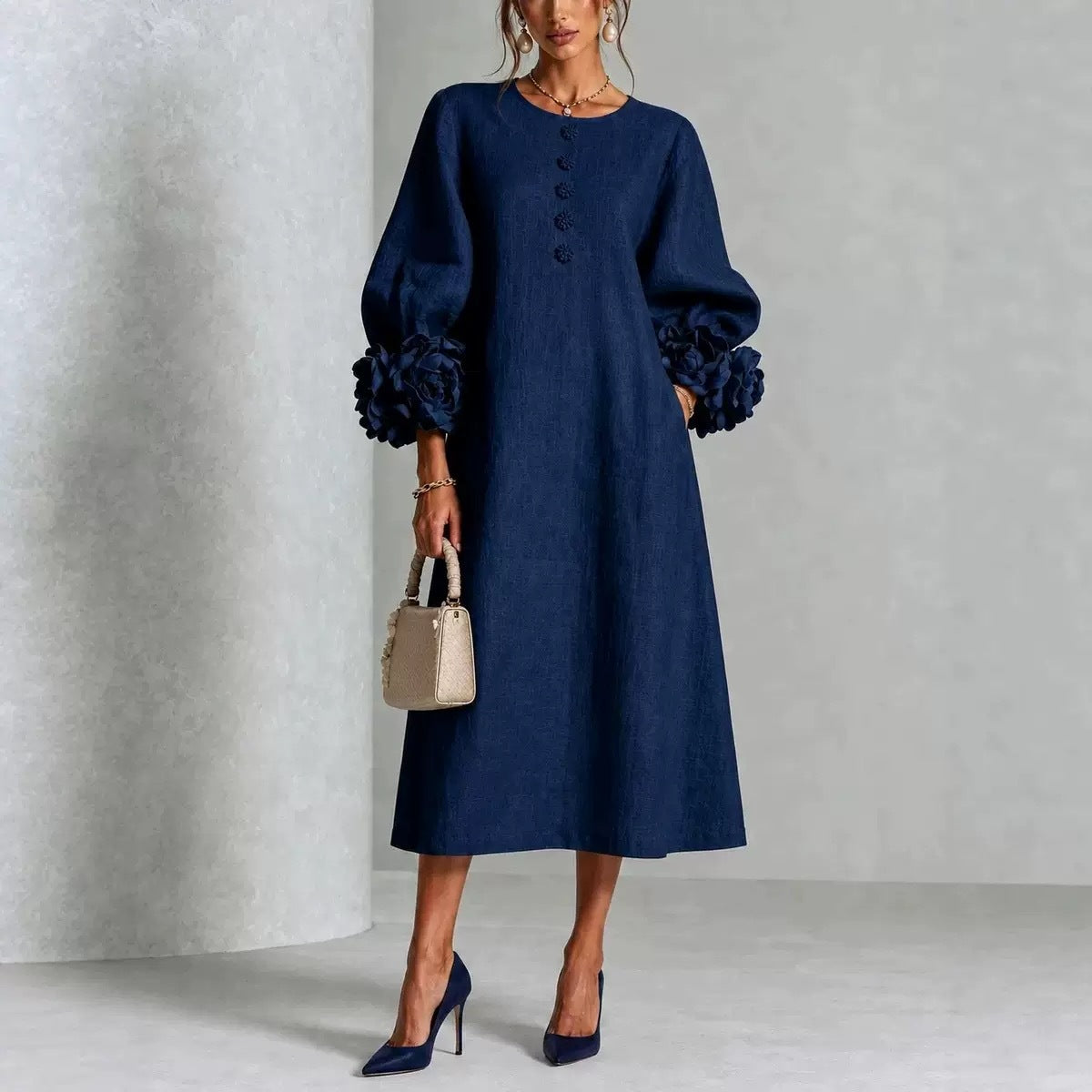 French-style three-dimensional flower lantern-style sleeve cotton and linen mid-length dress
