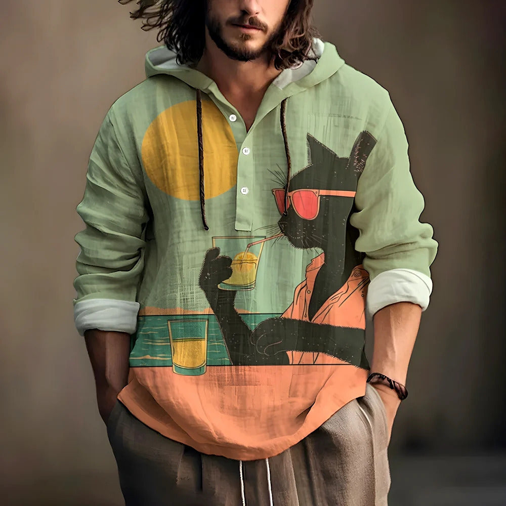 Mens 3D Printed Hooded Short Sleeve Shirt Casual Lapel Polyester Shirt