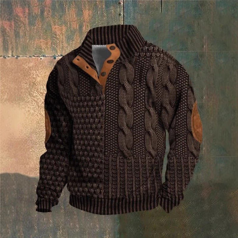 Mens Stand Collar Printed Polo Sweatshirt