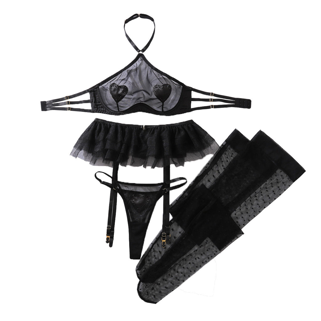 Net fabric see-through neckless lingerie set