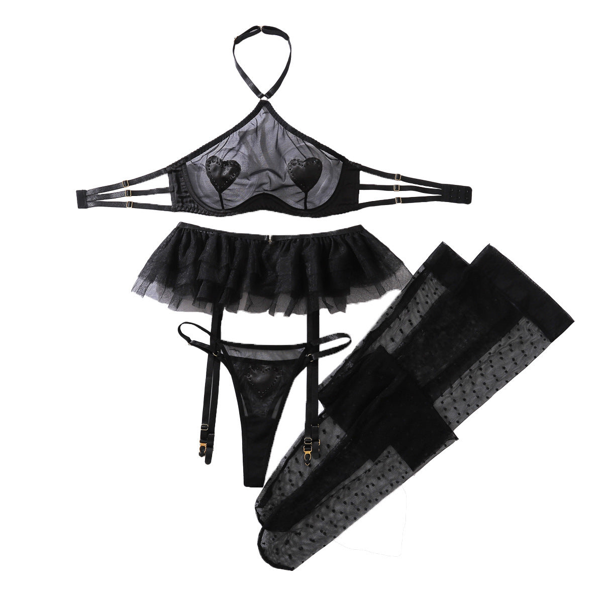 Net fabric see-through neckless lingerie set