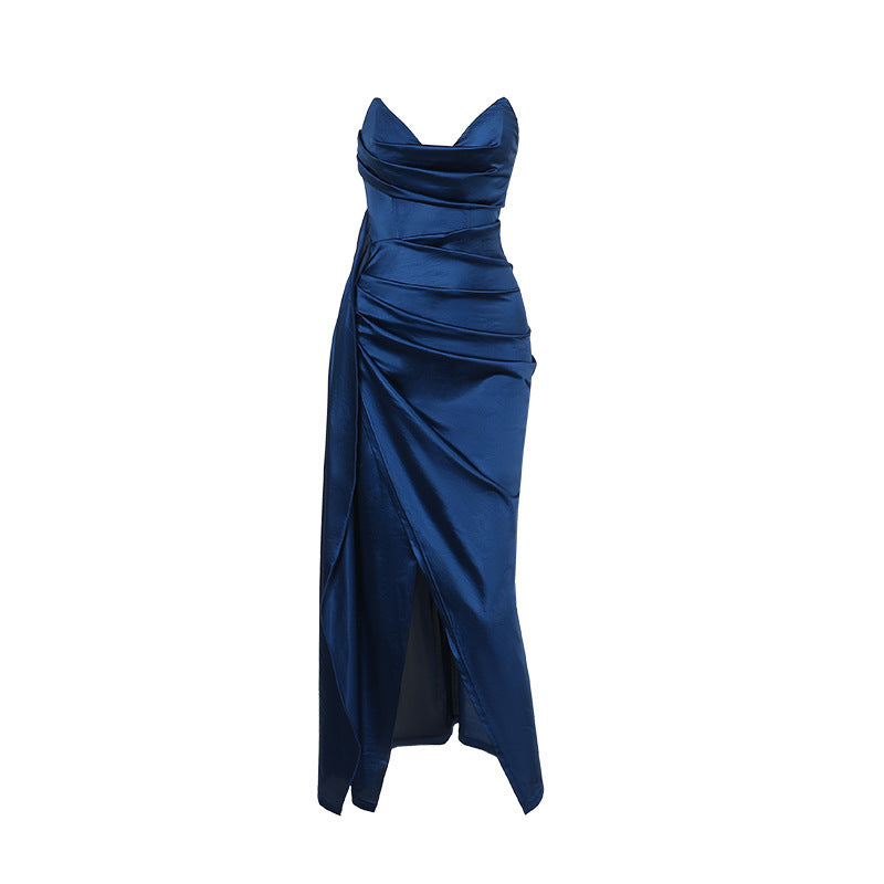 Strapless Satin Evening Gown with Deep V-Neck