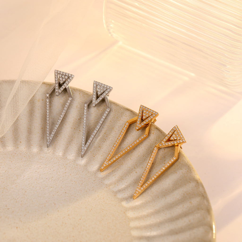 Double Triangle Stainless Steel Earrings with White Diamond