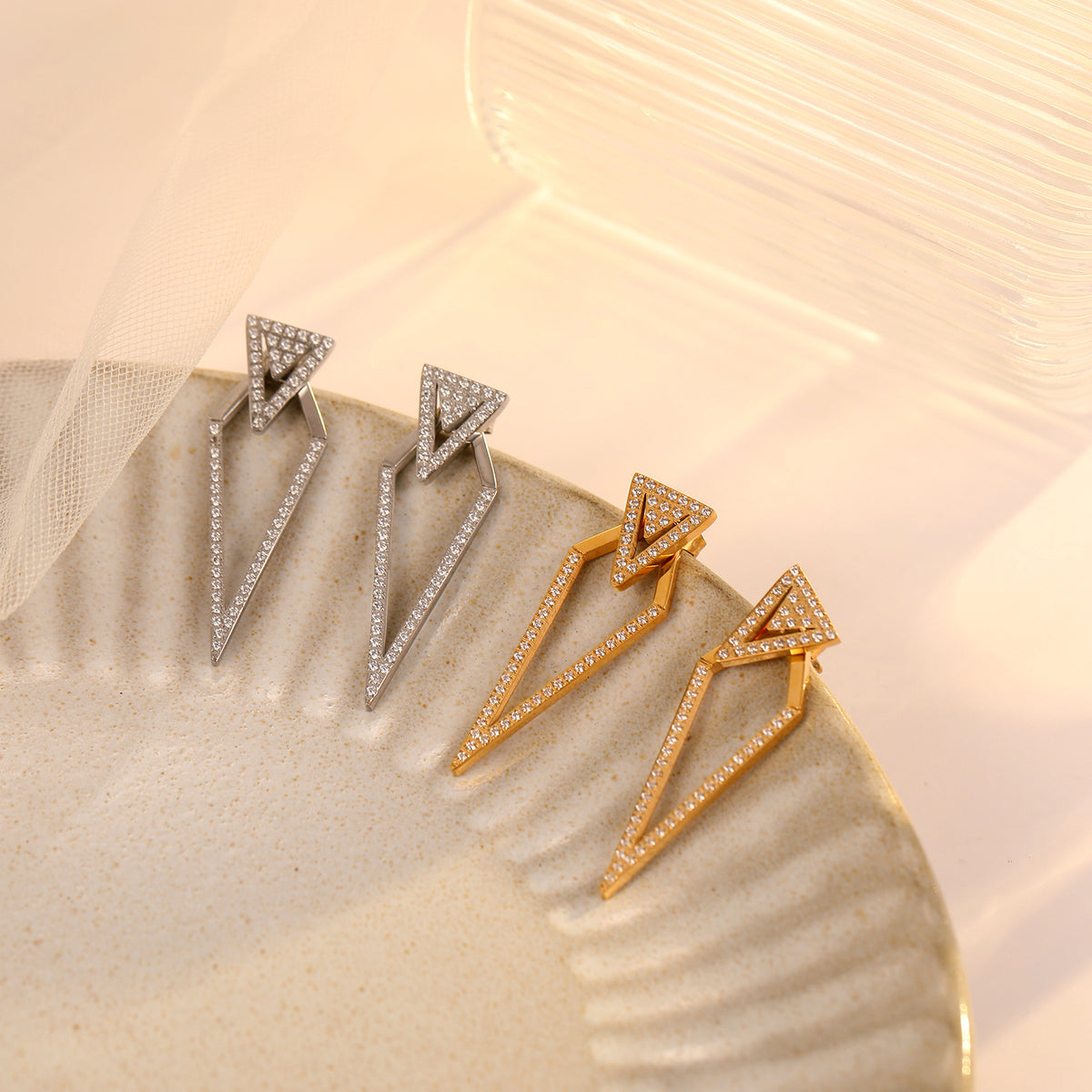 Double Triangle Stainless Steel Earrings with White Diamond