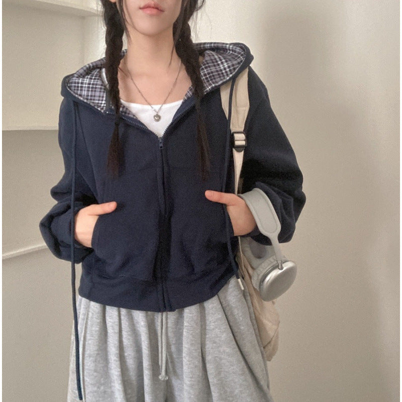 Retro Chic Loose Fit Plaid Hooded Zipper Sweatshirt