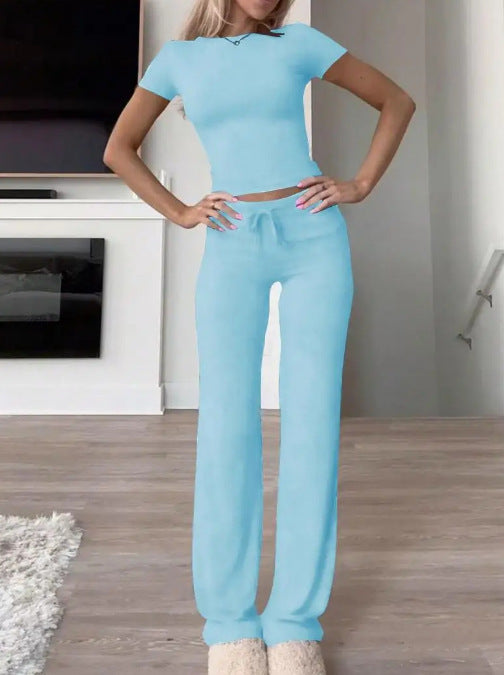 Women Solid Color Casual Long Pants and Short Sleeve Top Two Piece Set