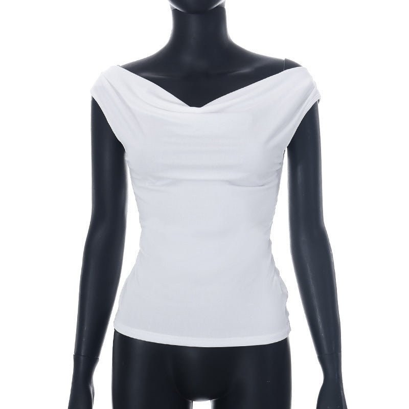 Solid-color collarless sleeveless off-the-shoulder top