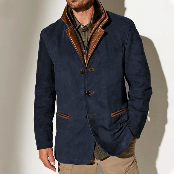 Men's Retro Color Block Stitching Casual Jacket Lapel Long Sleeve Outerwear