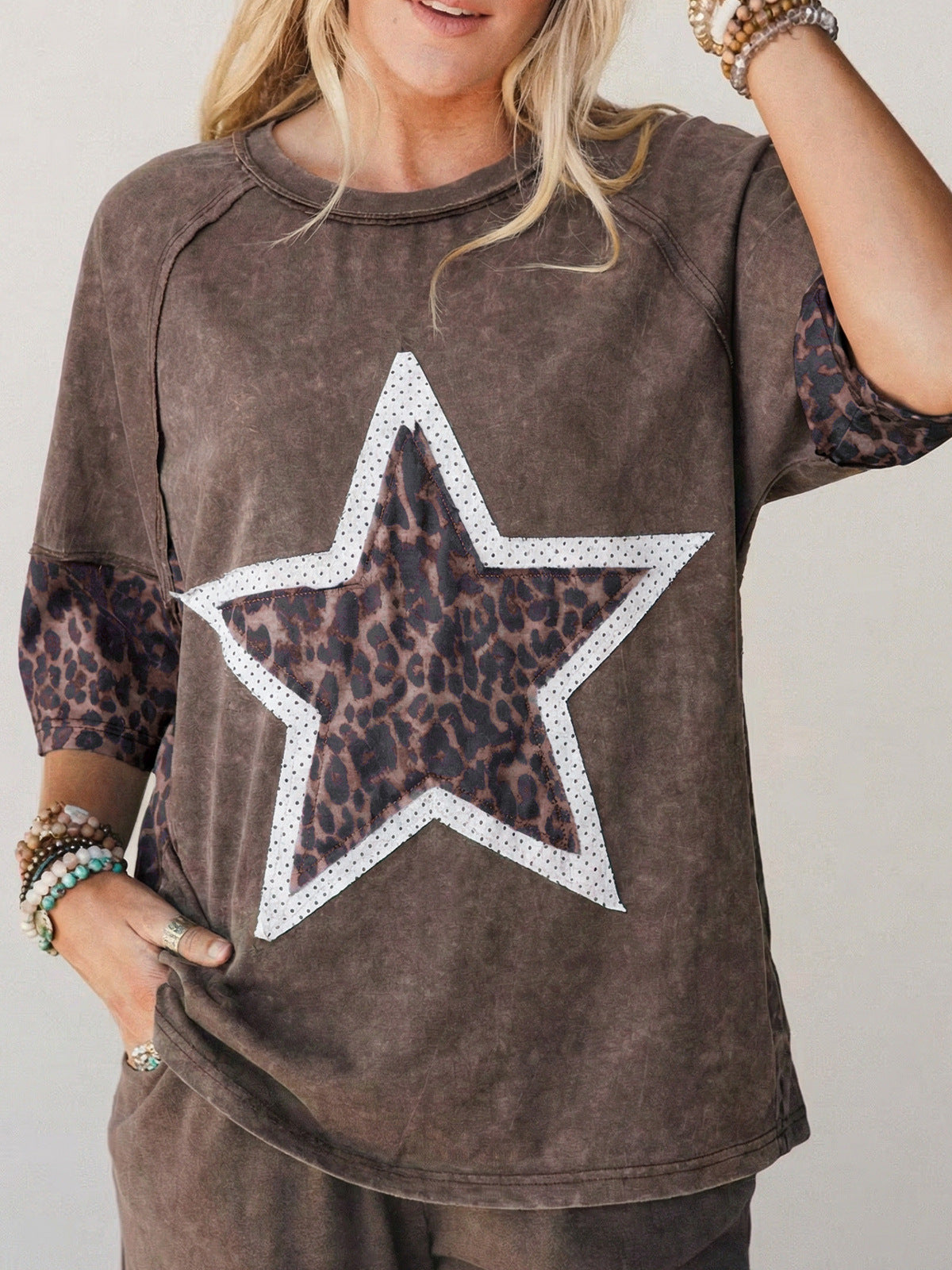 Five-pointed Star Leopard Print Old T-shirt