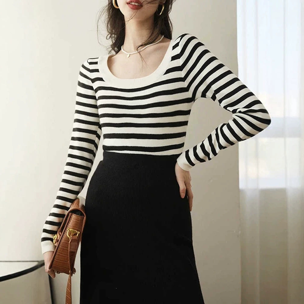 Women's Knitted Stripe Long Sleeve T-Shirt
