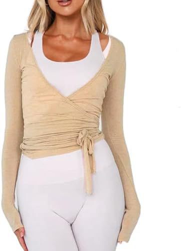 Women's Wrap Lace-Up Top Y2K Long Sleeve Ballet Workout Yoga Shirt