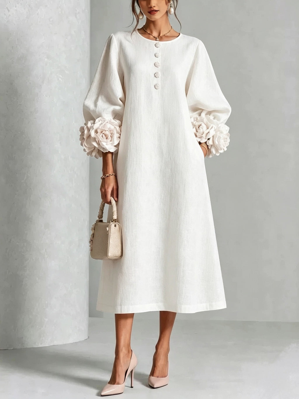 French-style three-dimensional flower lantern-style sleeve cotton and linen mid-length dress