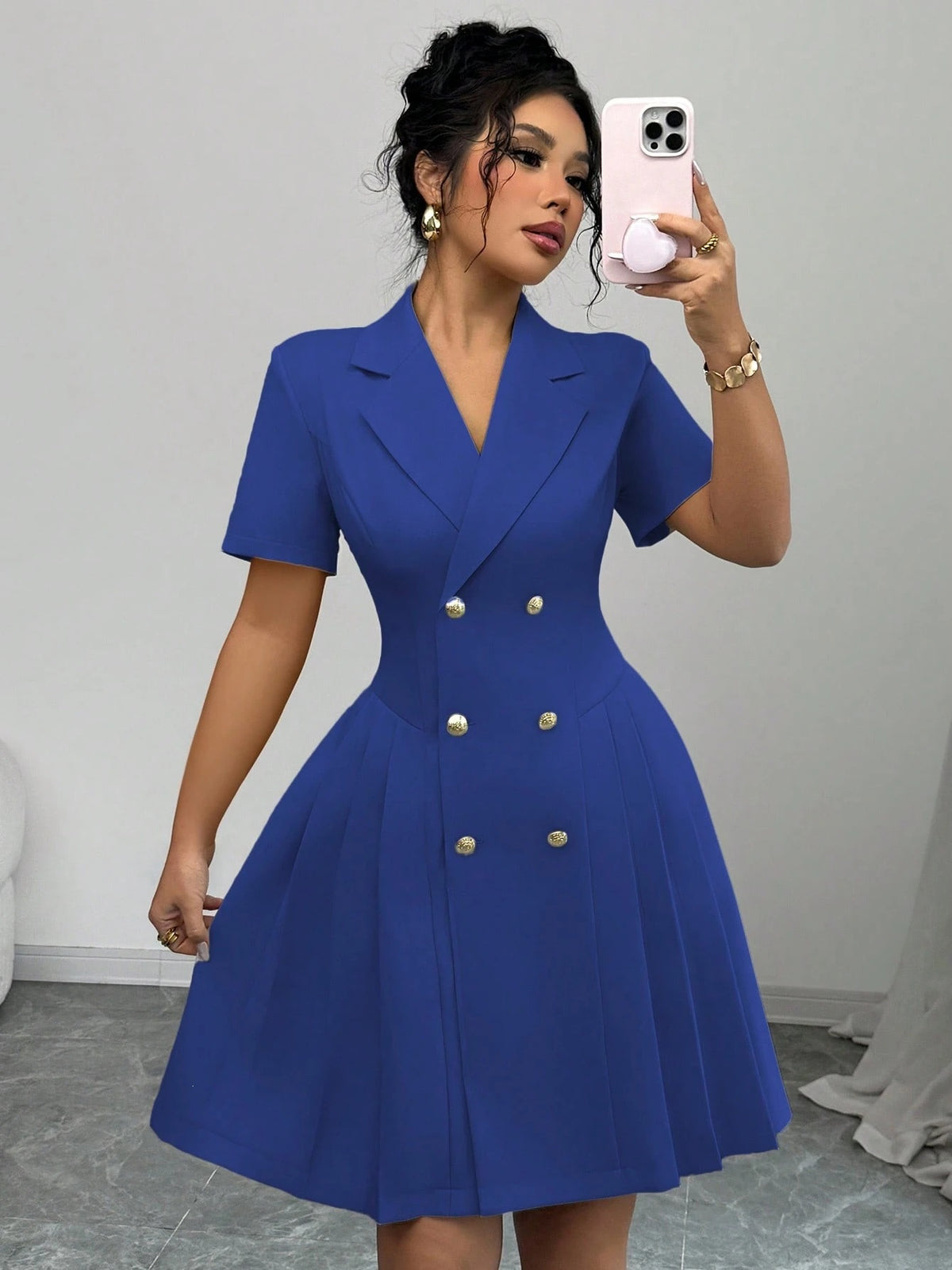 Women's New Solid Color Short Sleeve Waist-Cinching Double-Breasted Dress