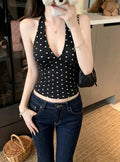 Womens V-Neck Polka Dot Halter Tank Top