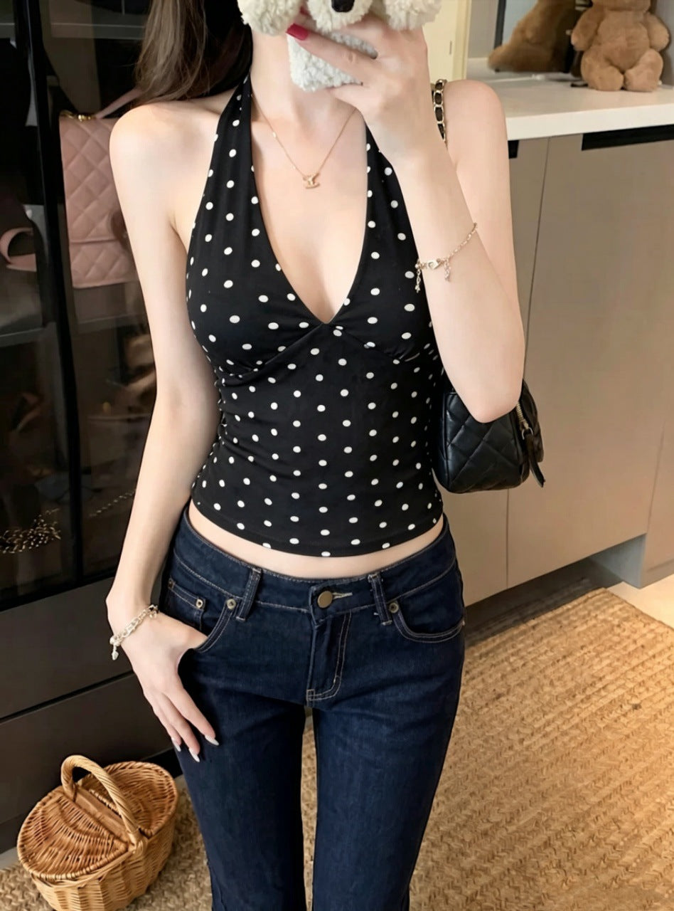 Womens V-Neck Polka Dot Halter Tank Top
