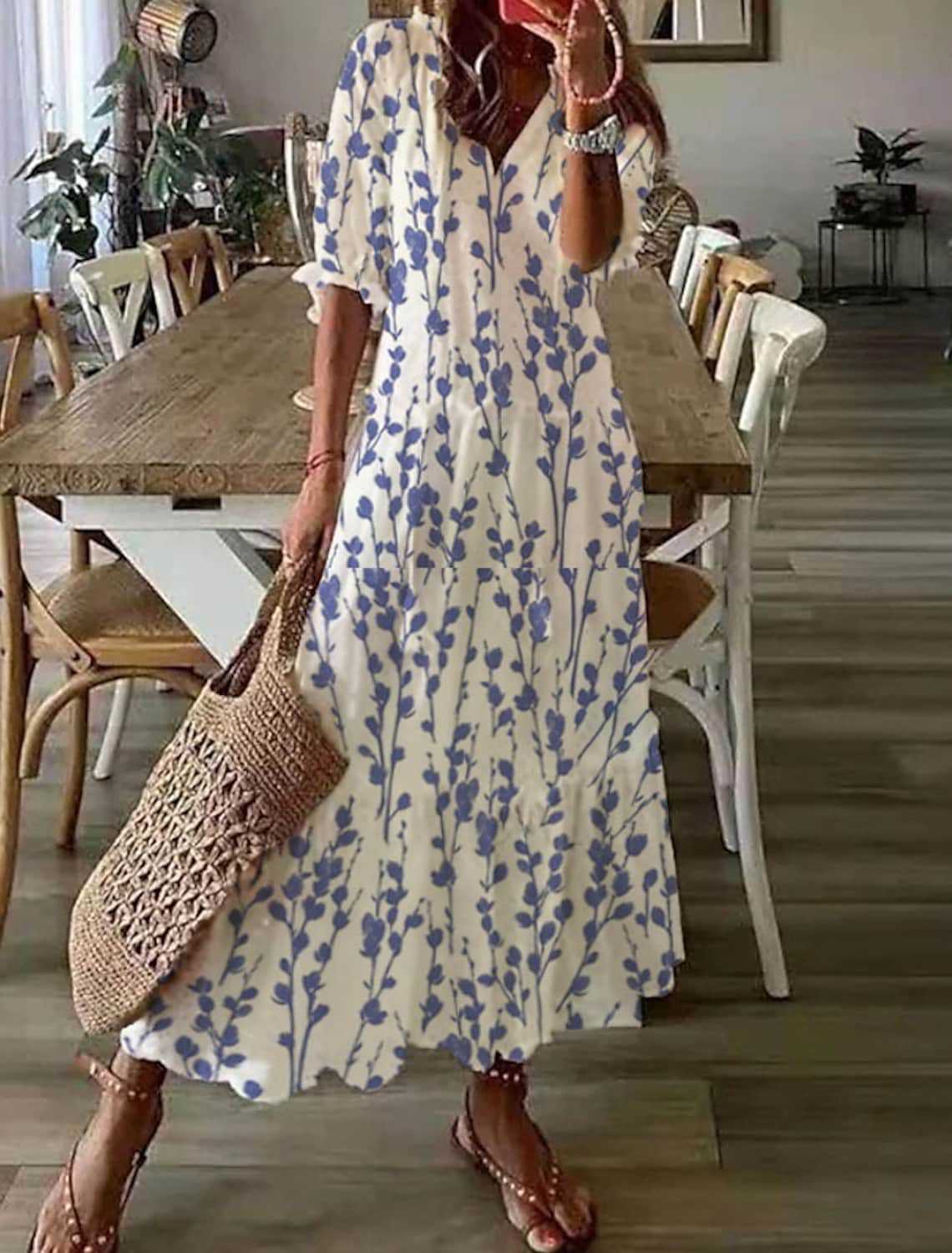 Womens V-Neck Printed Lantern Sleeve Dress
