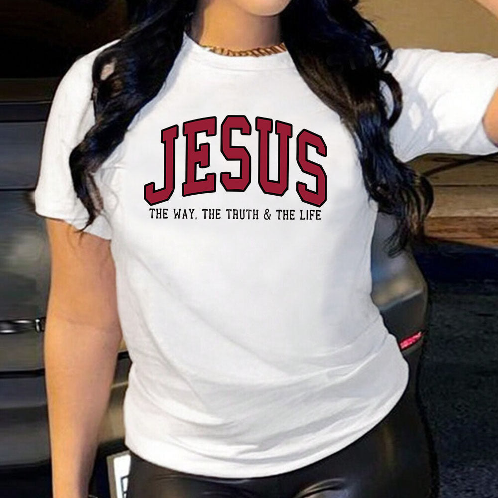 Jesus Letter Print Cotton Tshirt Loose Fit Short Sleeve Top
