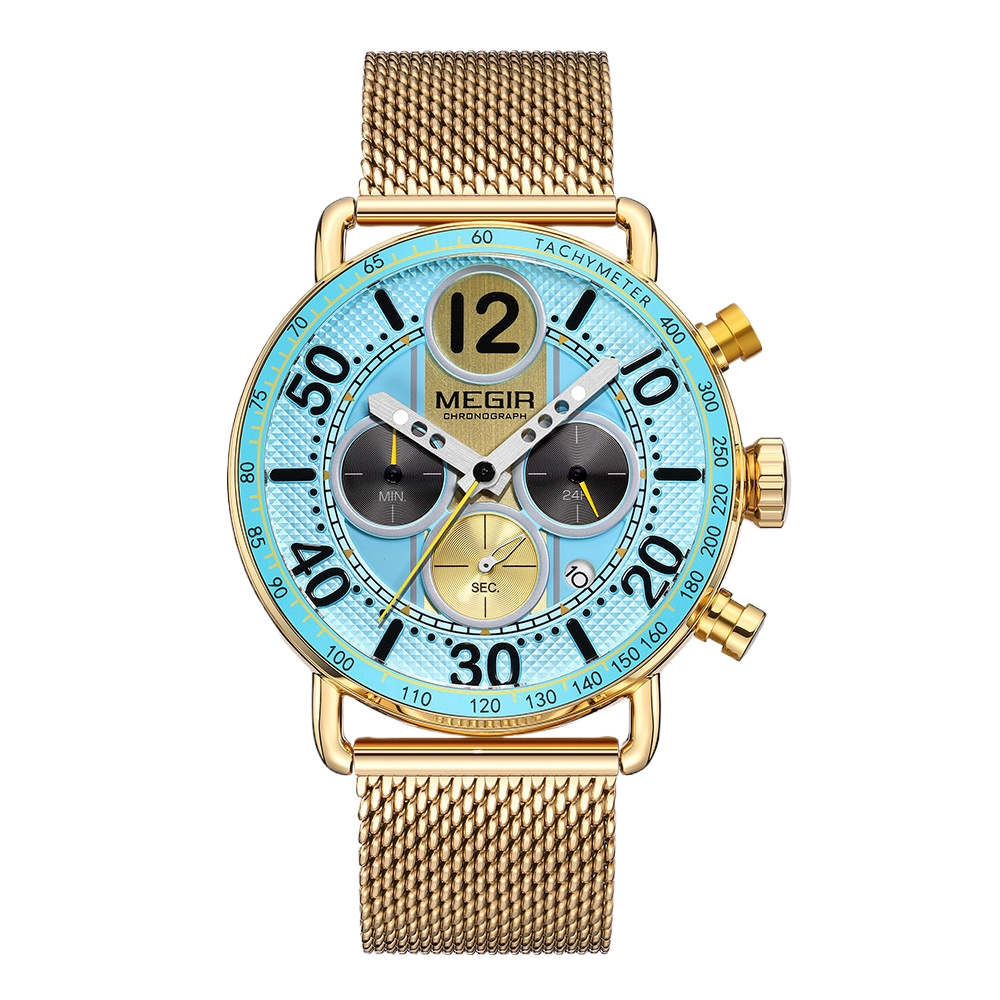 Three-Eye Chronograph Watch with Stainless Steel Mesh Strap