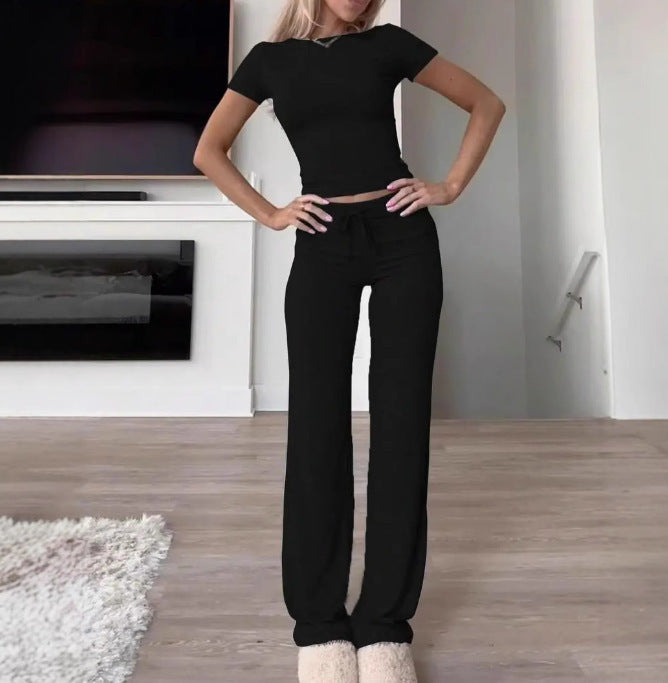 Women Solid Color Casual Long Pants and Short Sleeve Top Two Piece Set