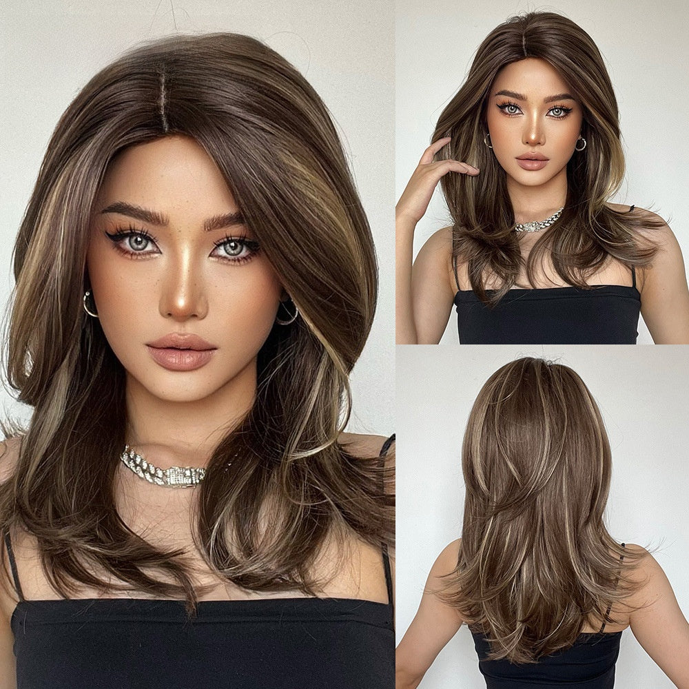 Gradual micro-biased differential style of wavy medium-length synthetic hair for the fringe