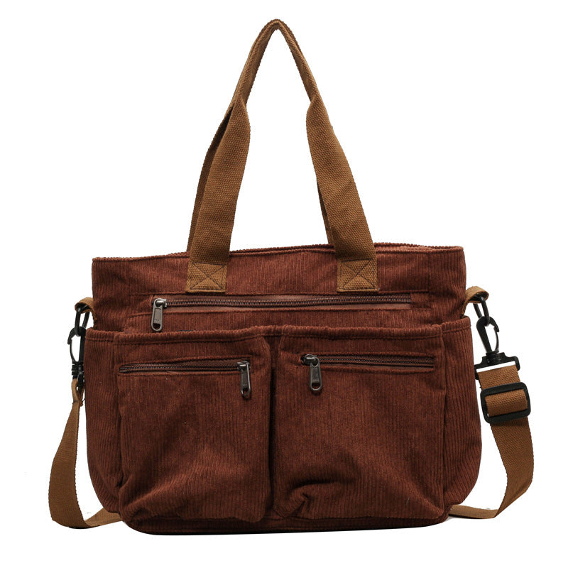 Large-capacity corduroy shoulder bag with slanted strap