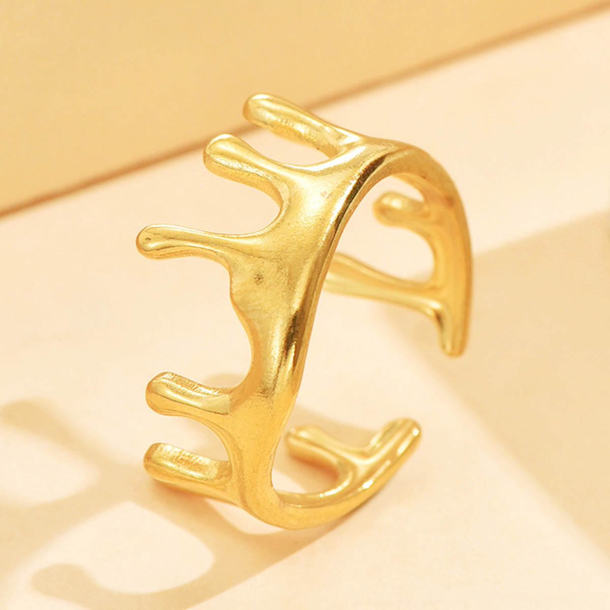 Retro Irregular Liquid Opening Stainless Steel Ring Women Vacuum Plated 18K Gold