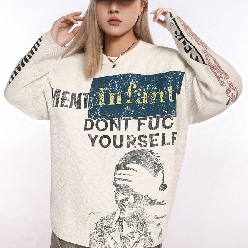 Lazy Style Retro Round-neck Printed Sweatshirt