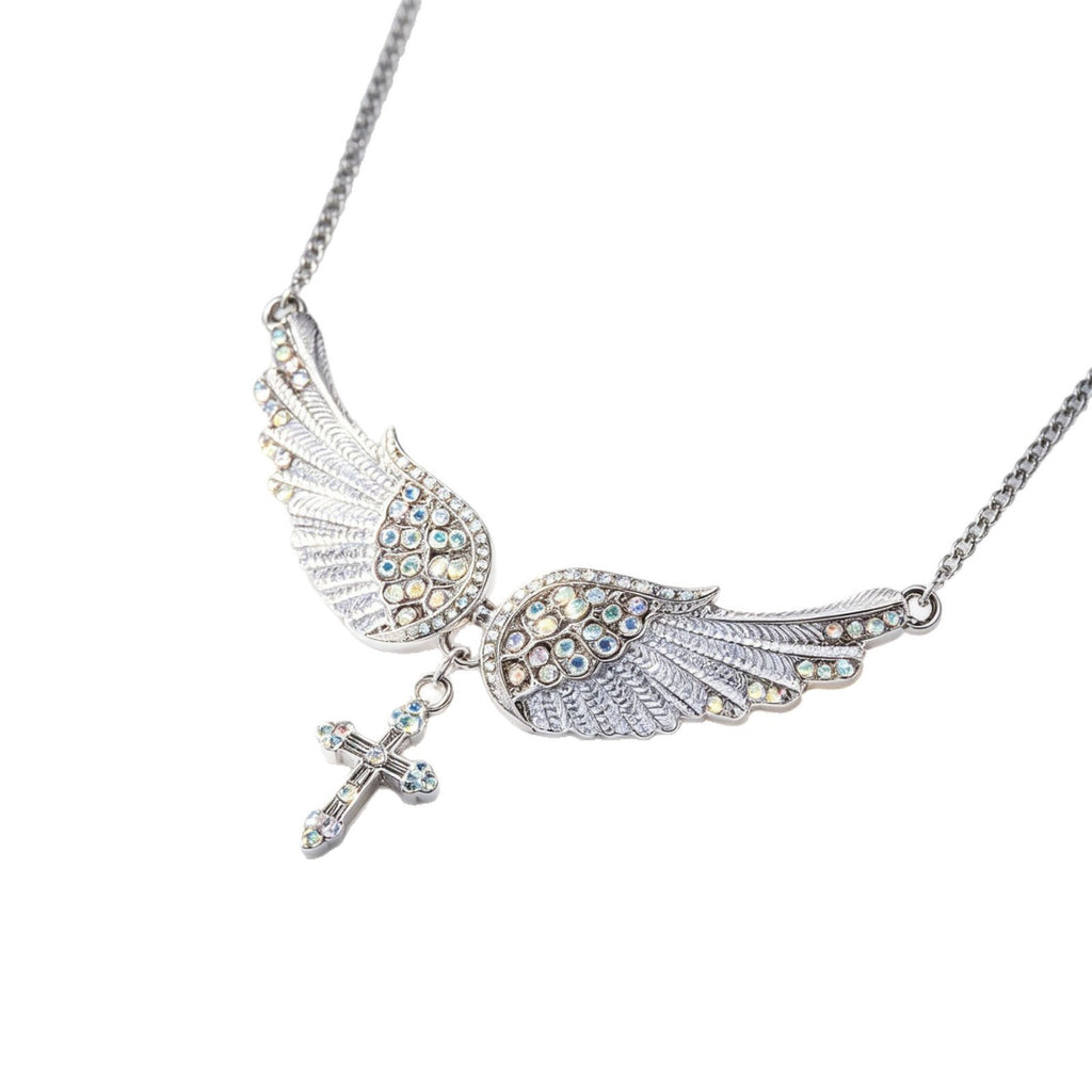 Angel Wings Cross Pendant Necklace Diamond Encrusted Clavicle Chain