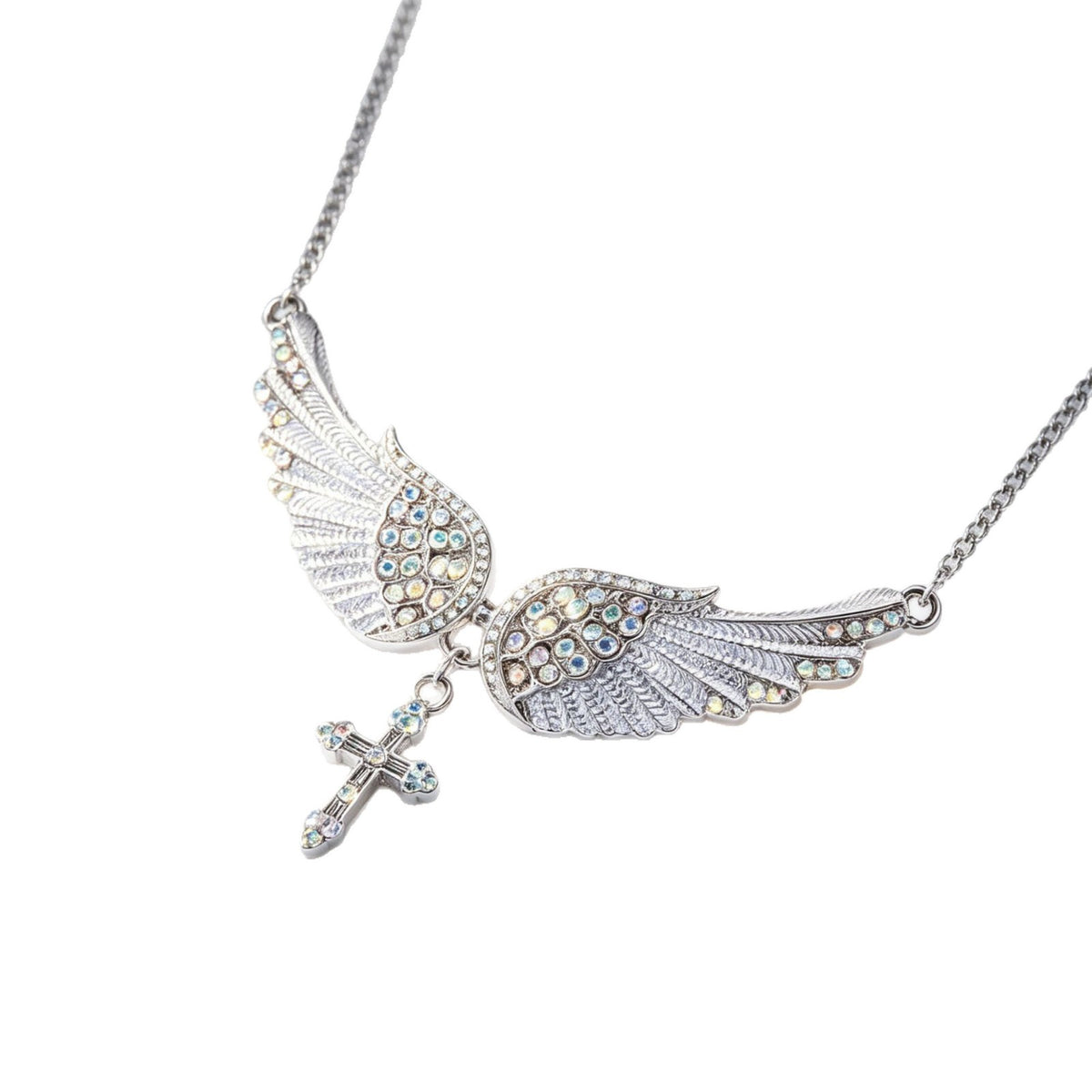 Angel Wings Cross Pendant Necklace Diamond Encrusted Clavicle Chain