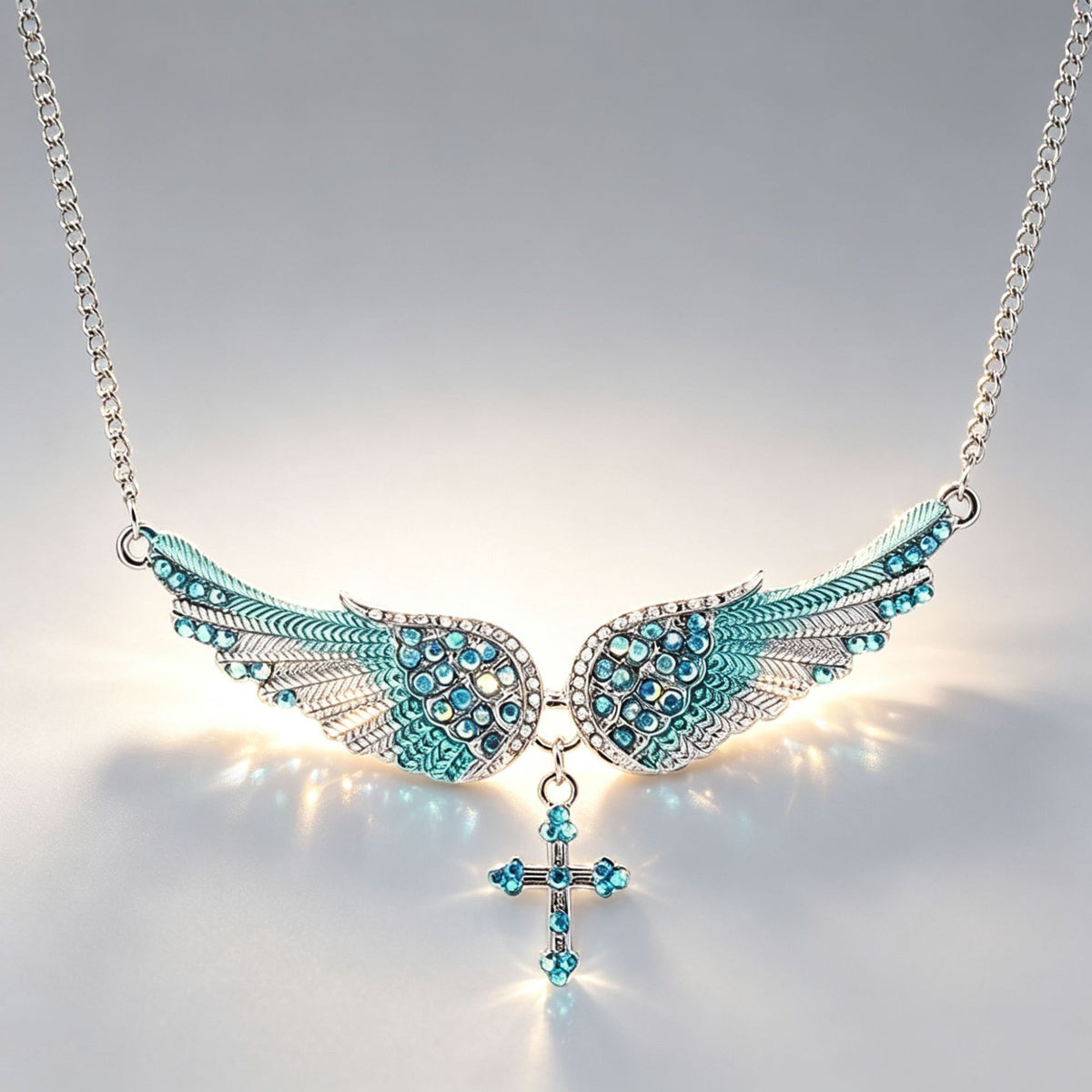 Angel Wings Cross Pendant Necklace Diamond Encrusted Clavicle Chain